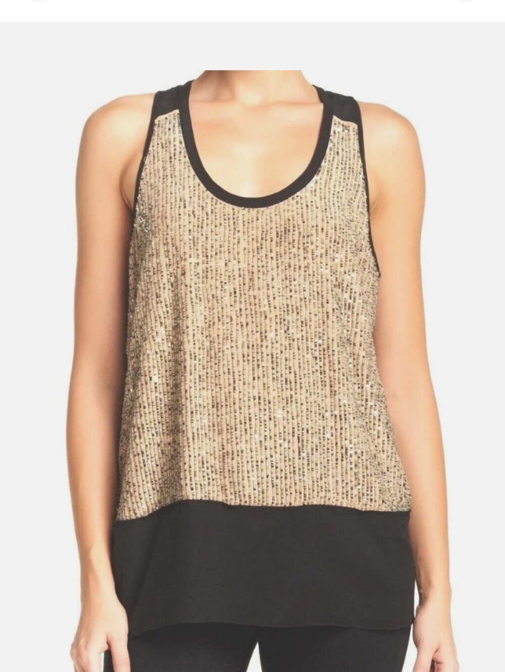 NWOT: EILEEN FISHER; SEQUIN RIVULET 100% SILK TANK TOP, ROSEWATER/BLACK, MEDIUM.
